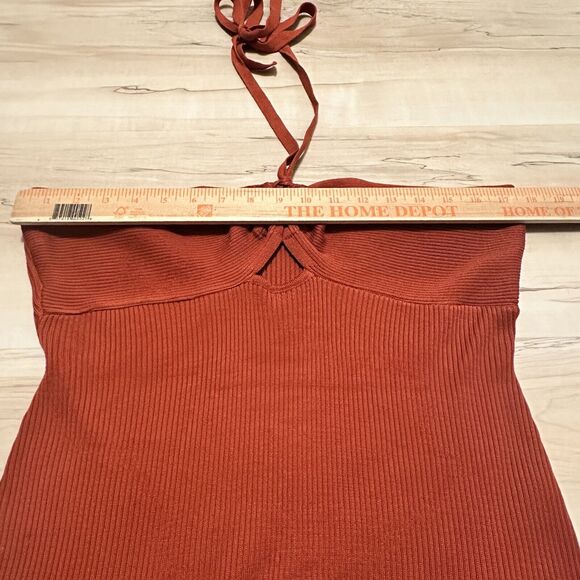 Almost Famous Women 2X Dress Midi Neck Tie Ribbed Burnt Orange - Picture 8 of 10
